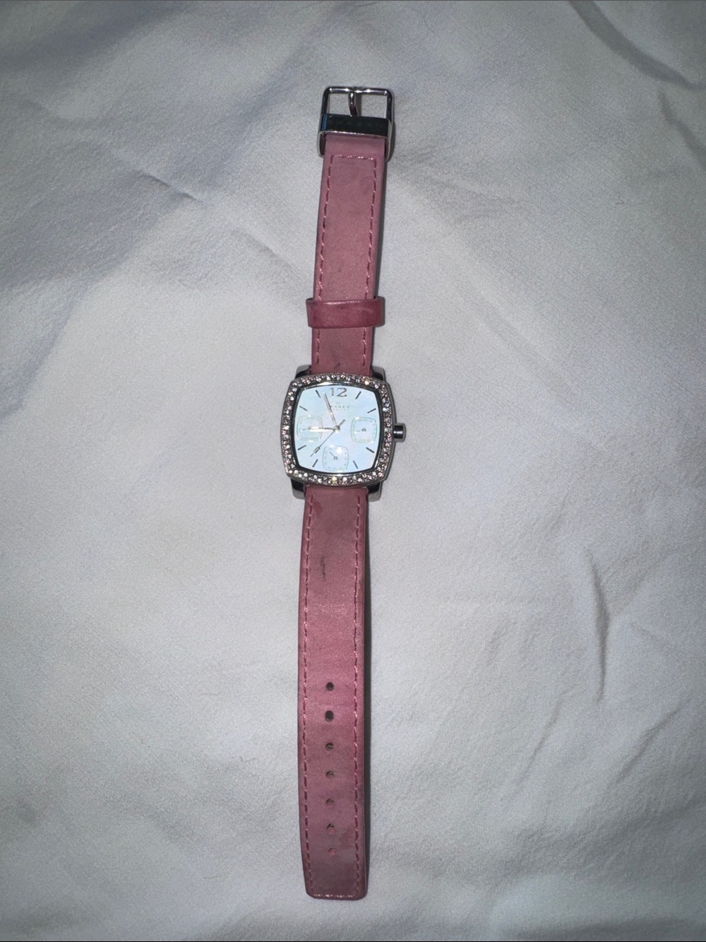 Skagen Pink Leather Strap Watch with Crystal-Bezel